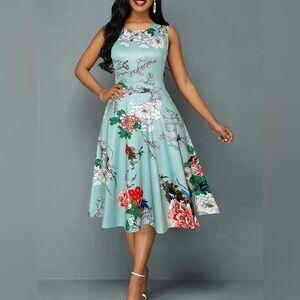 Women's Floral Sleeveless A Line Dress Casual Scoop Neck‎ XS